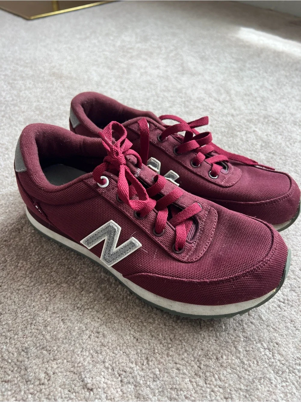 New Balance 501 Burgundy Canvas Sneakers with White 'N' Accent